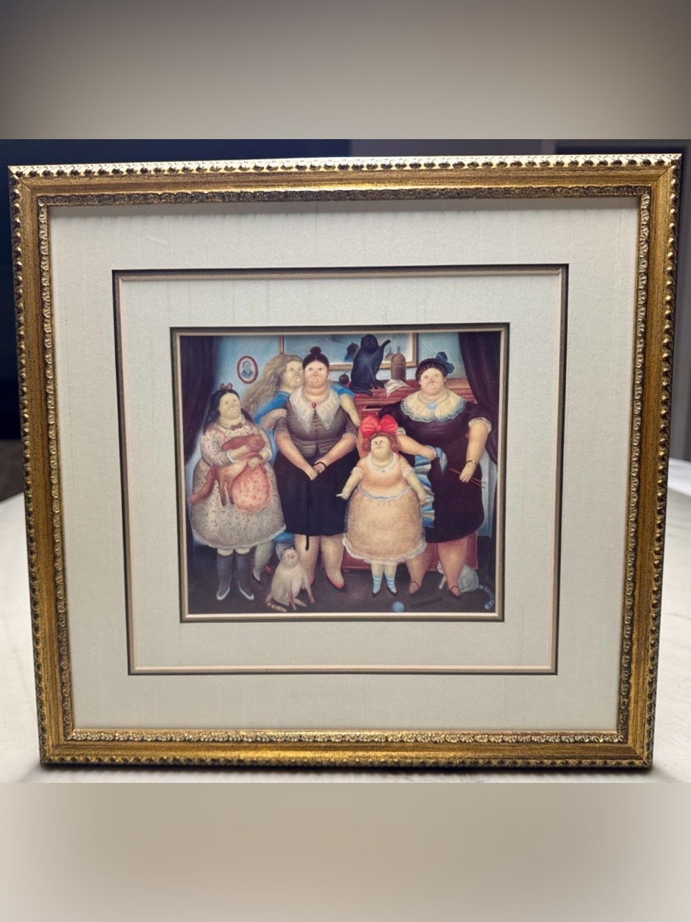 Fernando Botero Style Family Scene Framed Art Print – Ornate Gold Frame